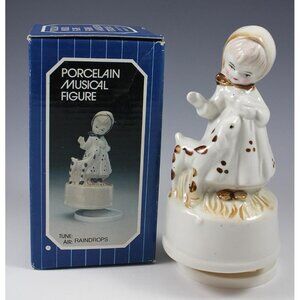 Vtg 1983 Action Industries Porcelain Musical Figure "Raindrops" Girl w/Fawn Bird